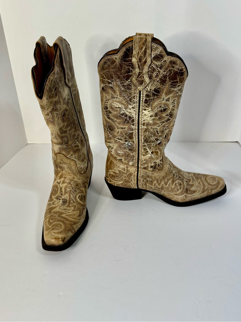 Western Embroidered Leather Mid-Calf Boots in Beige by Laredo